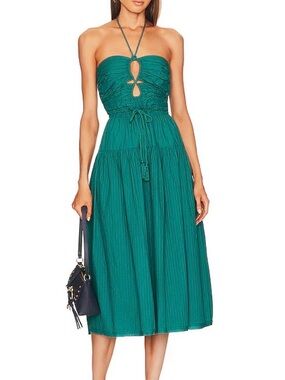 ULLA JOHNSON EMMALINE TEAL HALTER STRAPLESS FIT & FLARE DRESS WOMENS SZ 0
